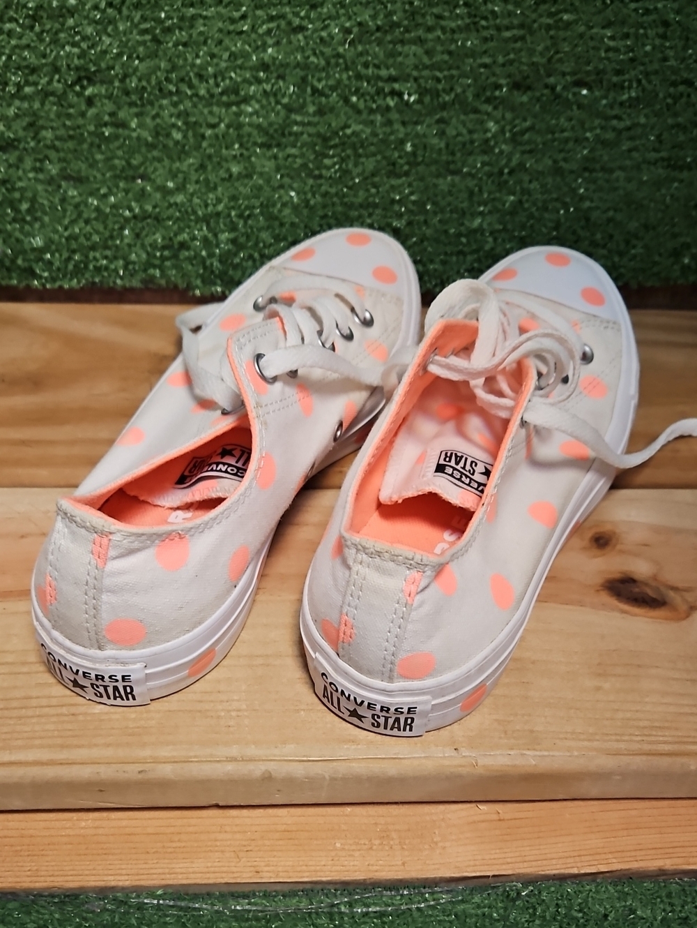 Converse White Canvas Sneakers with Coral Polka Dots